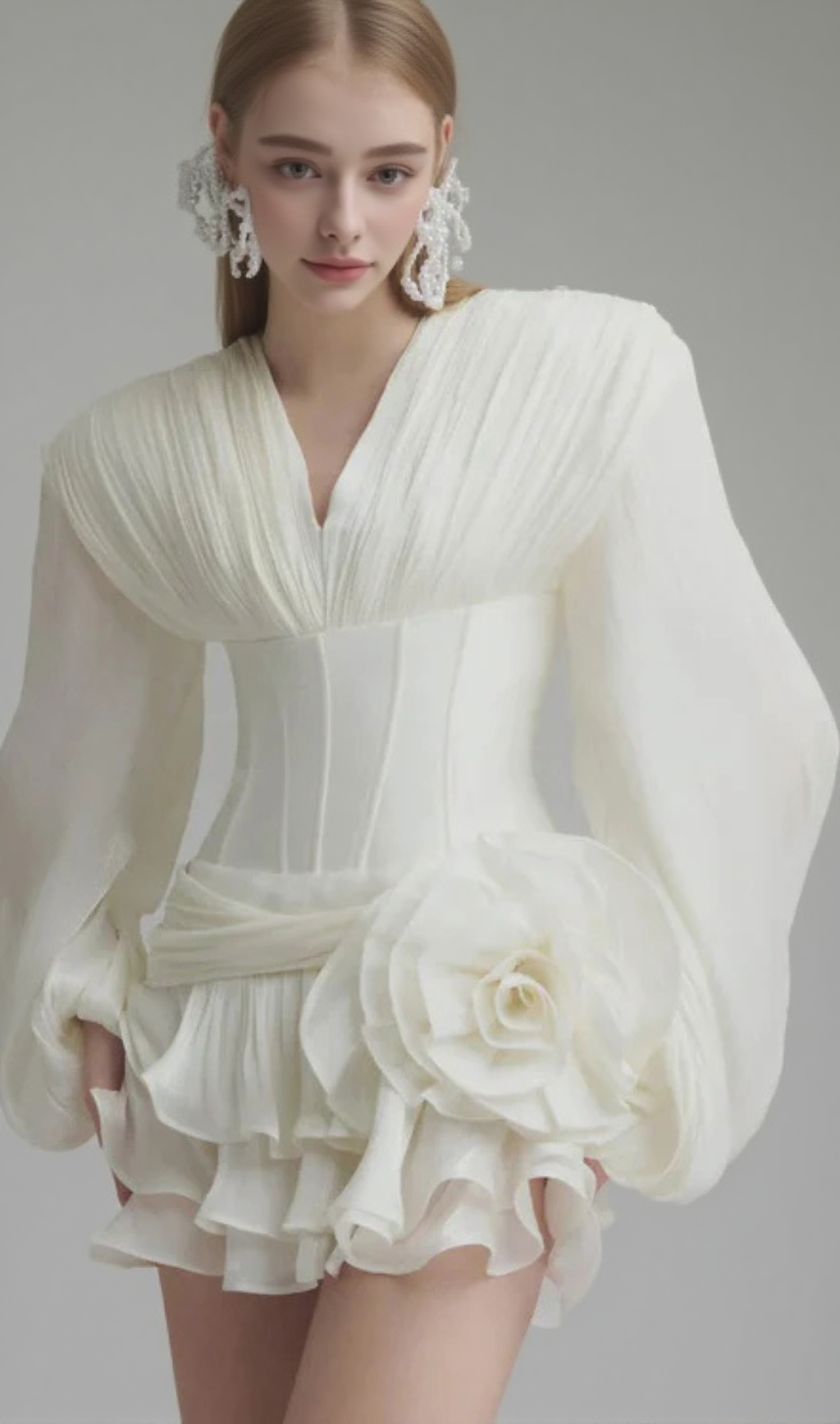 ABITO CORTO CON BALZE E FIORI 3D WALLIS BIANCO