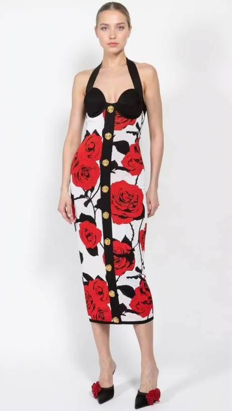 MULTICOLOR HALTERNECK ROSE PRINT MIDI DRESS