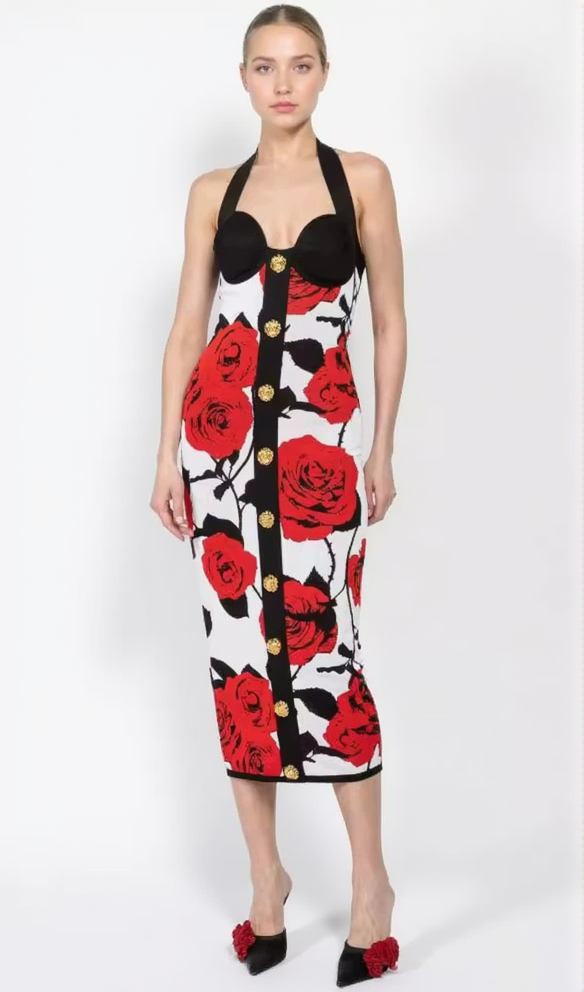 MULTICOLOR HALTERNECK ROSE PRINT MIDI DRESS