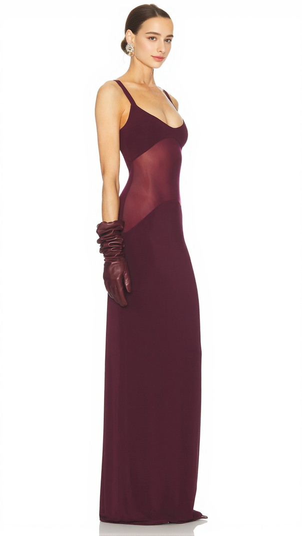 AIIZIE SHEER KNIT CURVE MAXI DRESS IN MERLOT - product image