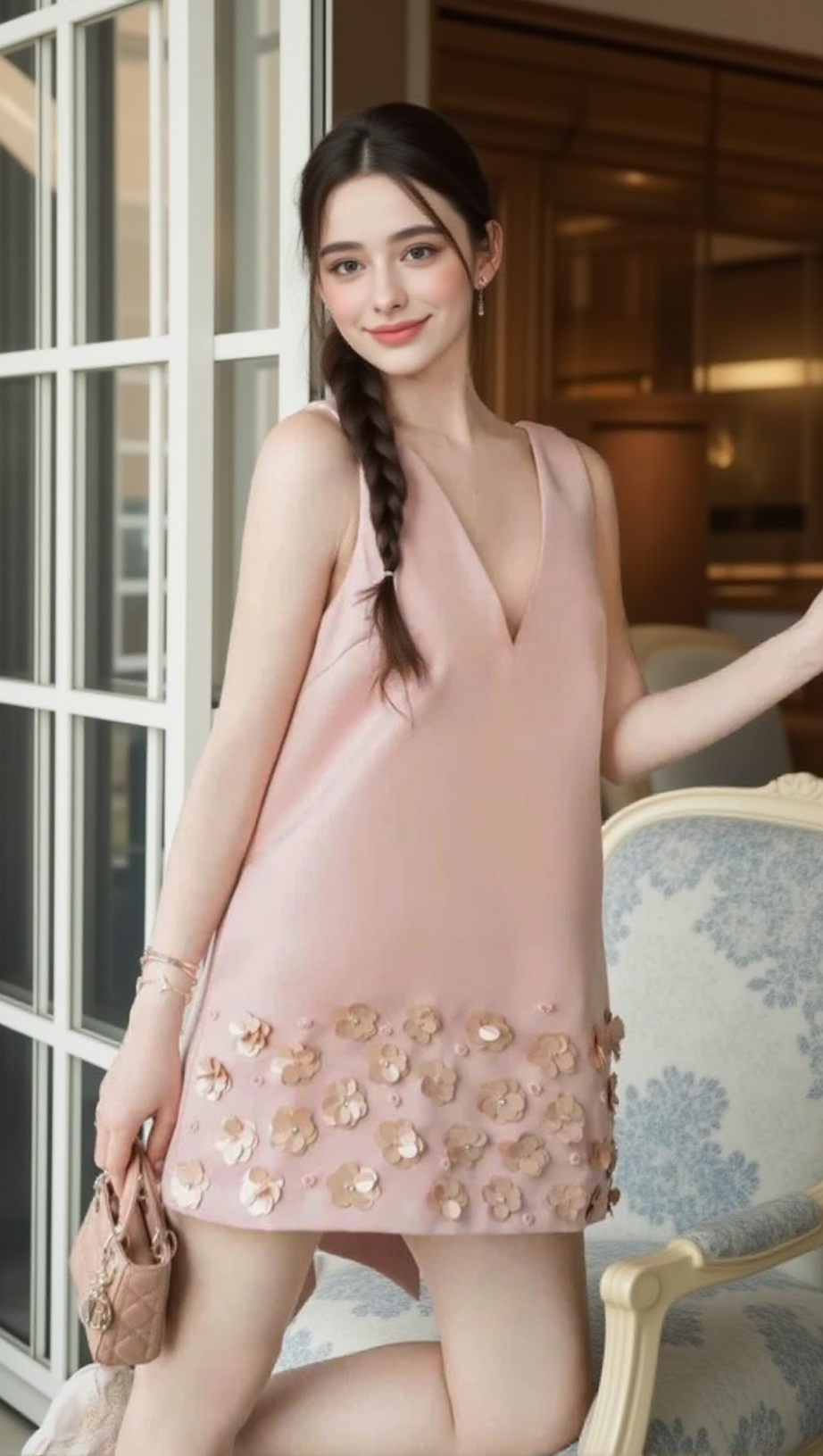 MINI ABITO SENZA MANICHE CON SCOLLO A V E FIORI ROSA