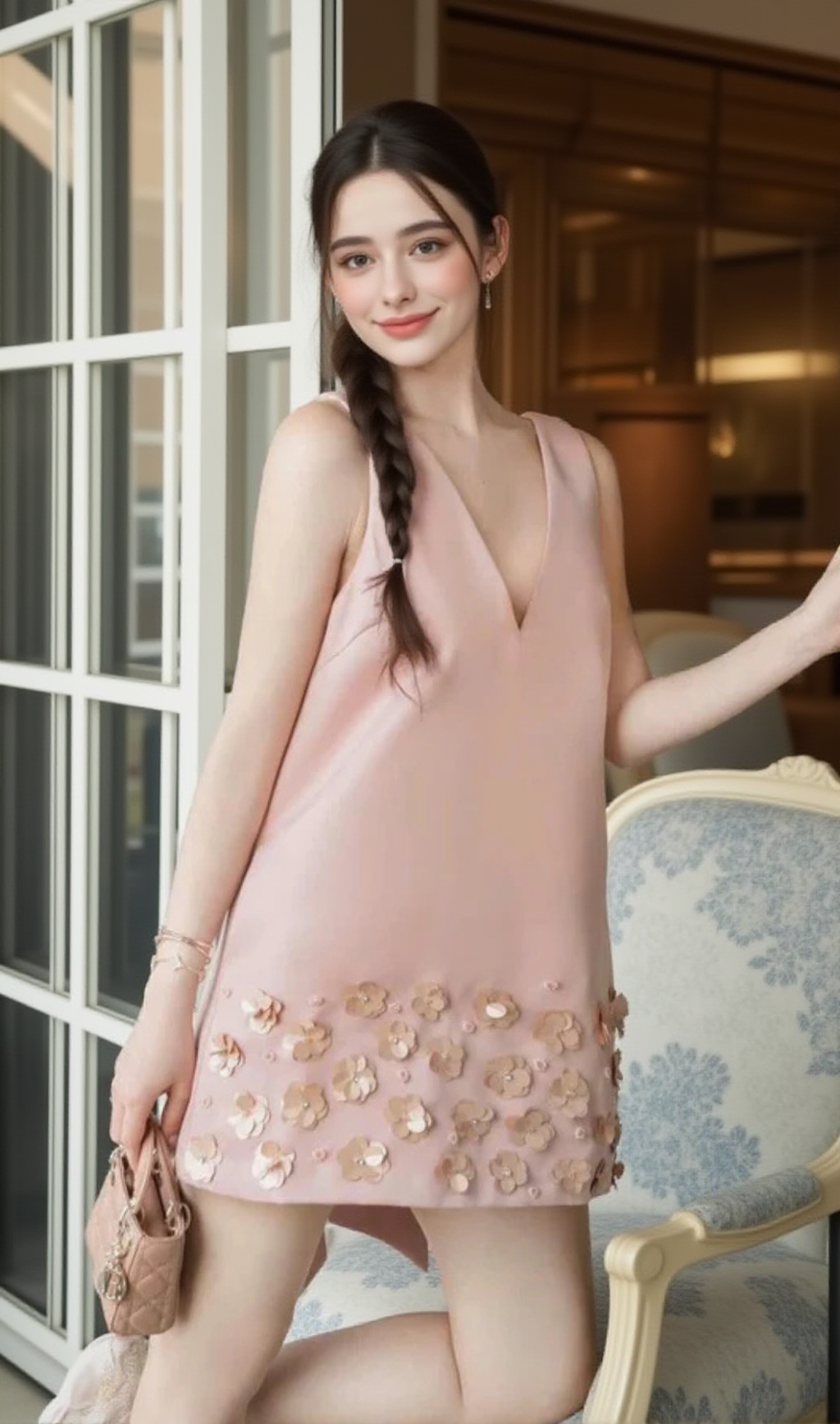 FLOWER SLEEVELESS V-NECK MINI DRESS IN PINK