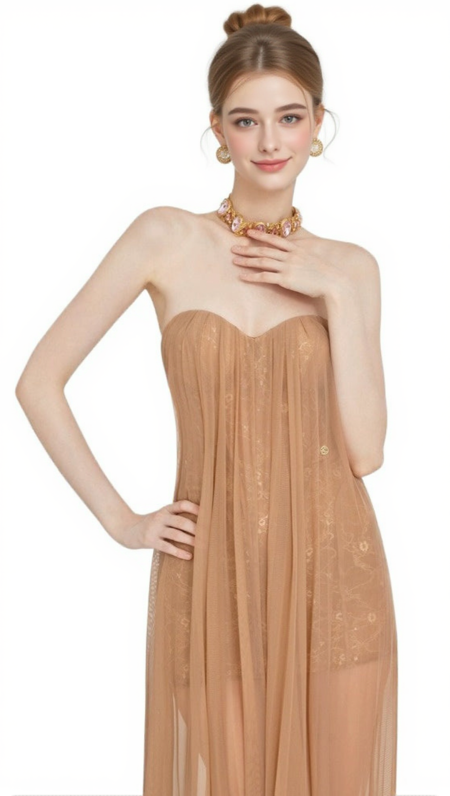 THEA STRAPLESS MESH BACKLESS MAXI DRESS IN BROWN