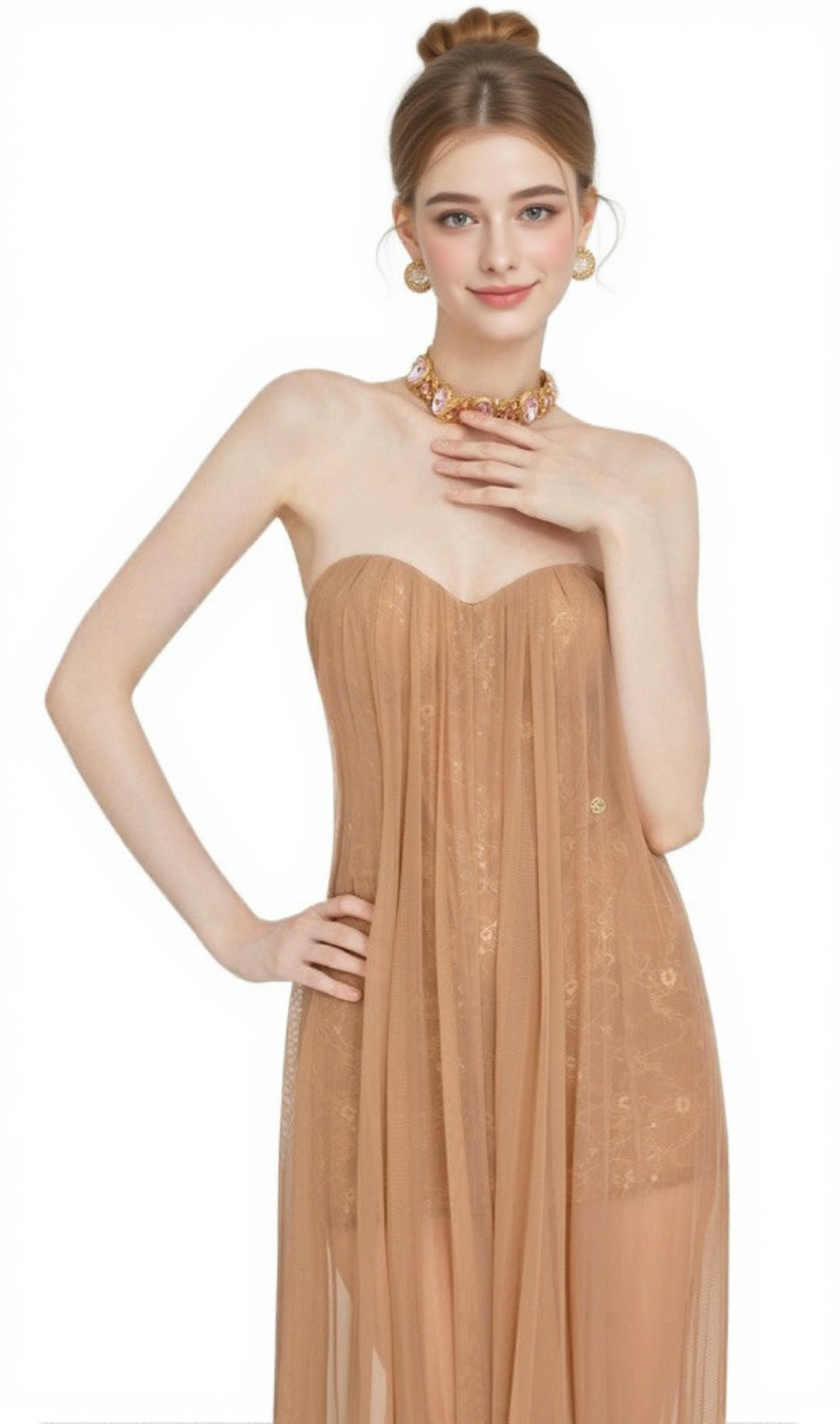 THEA STRAPLESS MESH BACKLESS MAXI DRESS IN BROWN