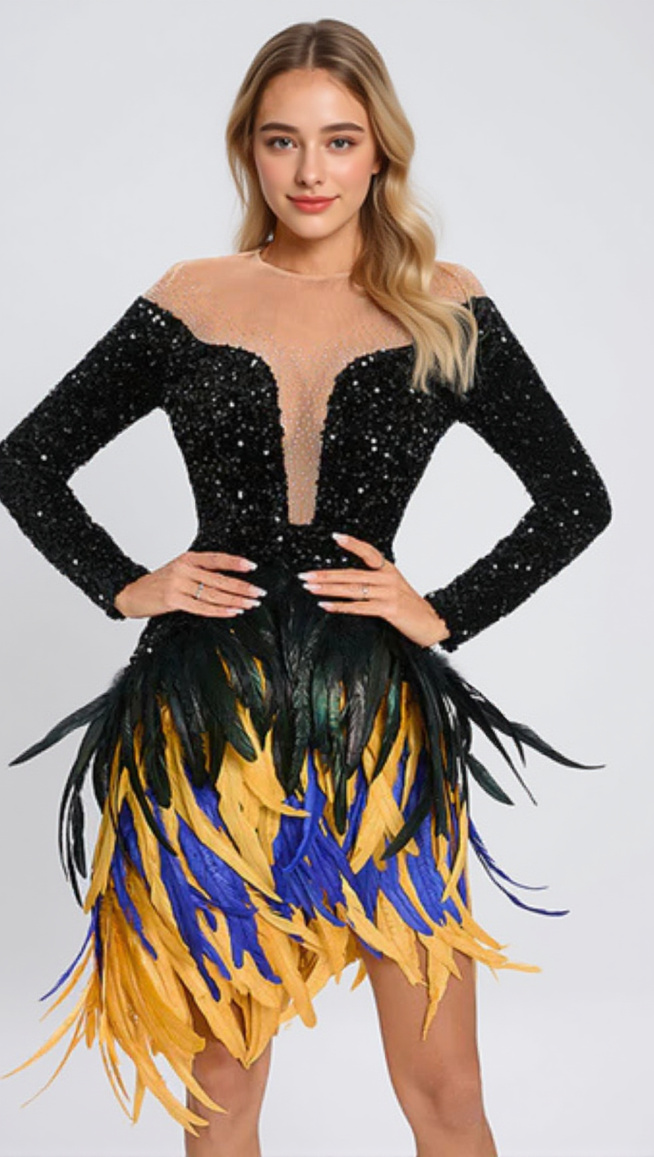 FEATHER EMBELLISHED SEQUIN MINI DRESS IN BLACK