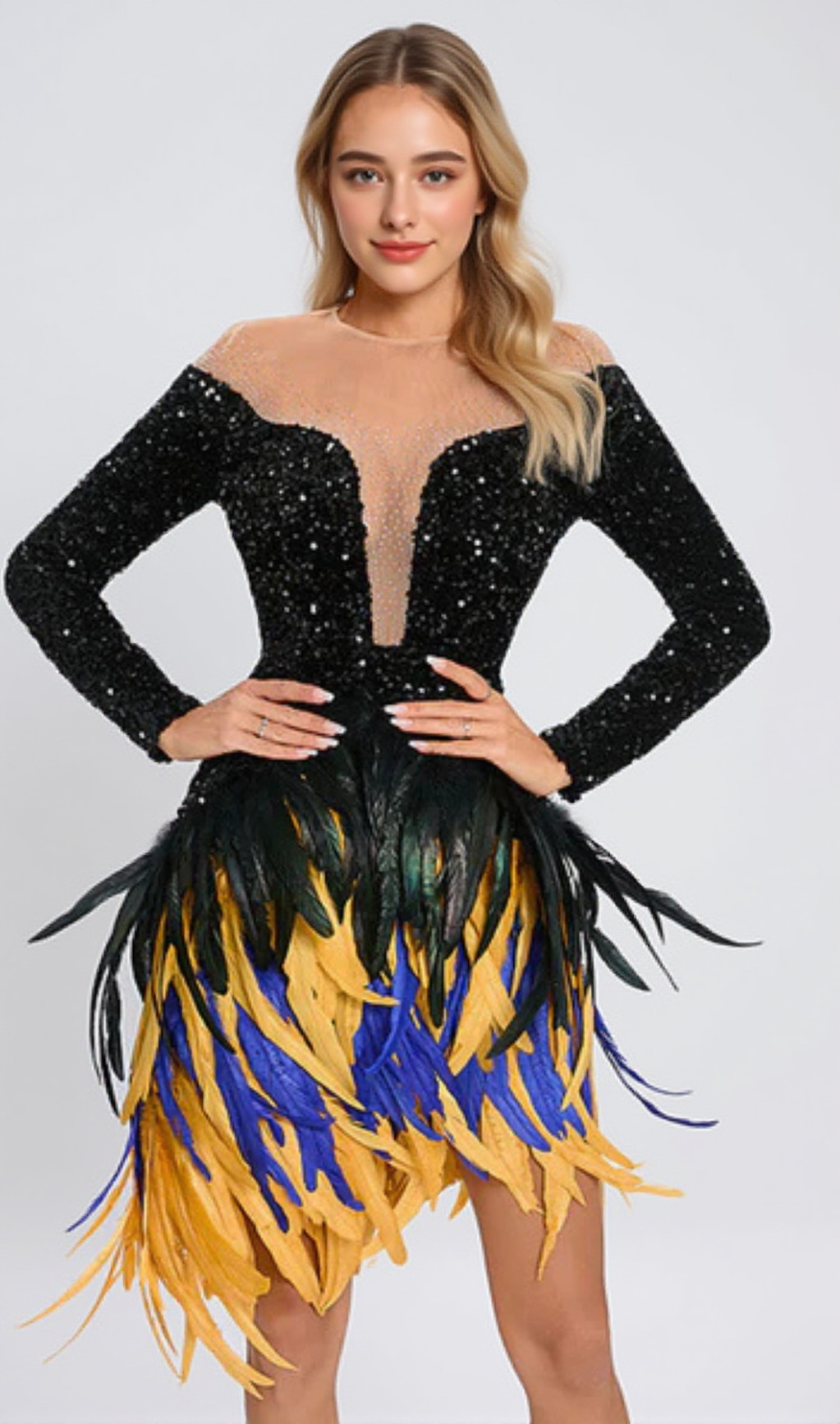 FEATHER EMBELLISHED SEQUIN MINI DRESS IN BLACK