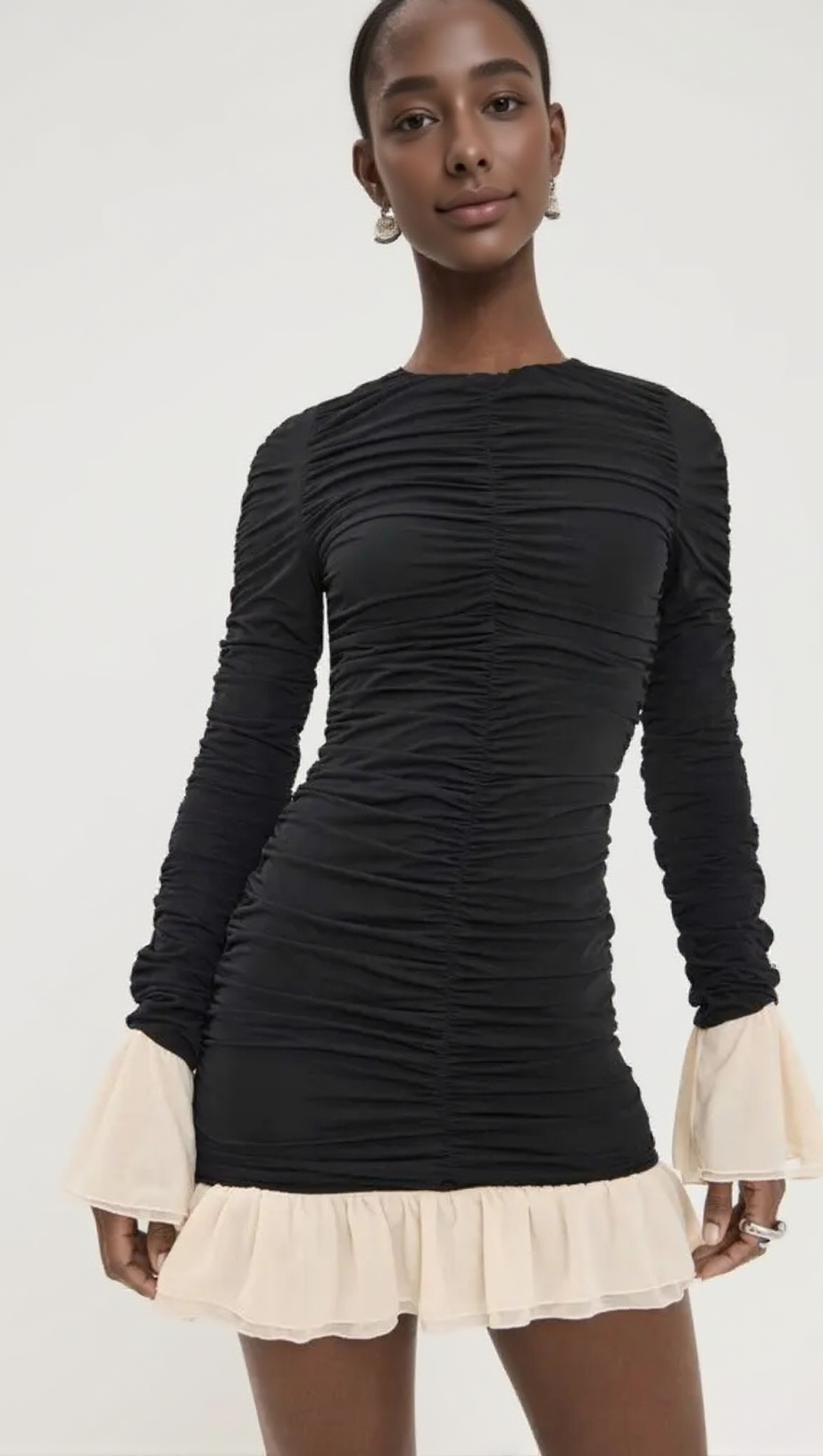 RUCHED LONG-SLEEVE MINI DRESS IN BLACK