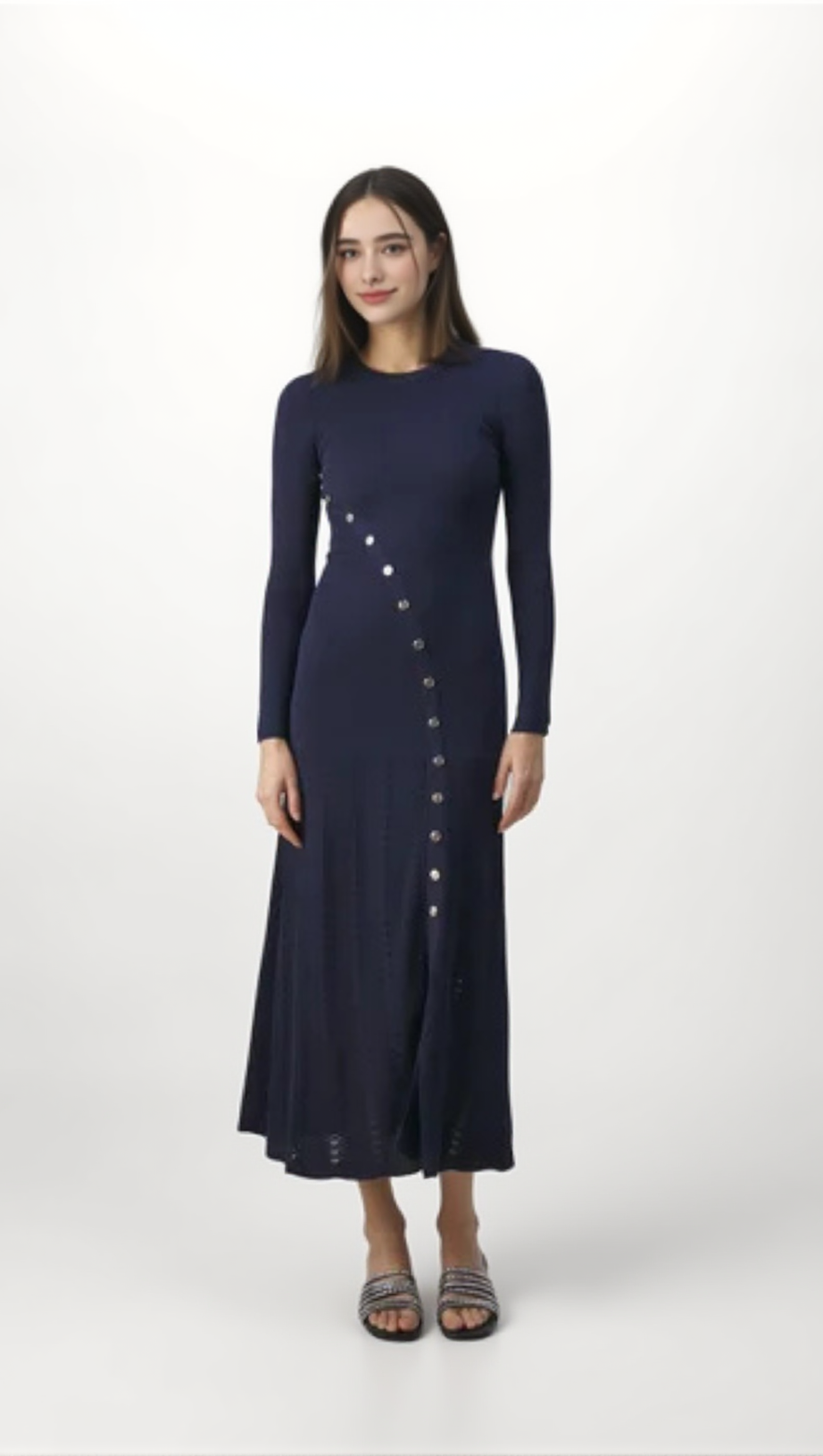 VIOLA RIBBED-KNIT MIDI DRESS IN NAVY BLUE