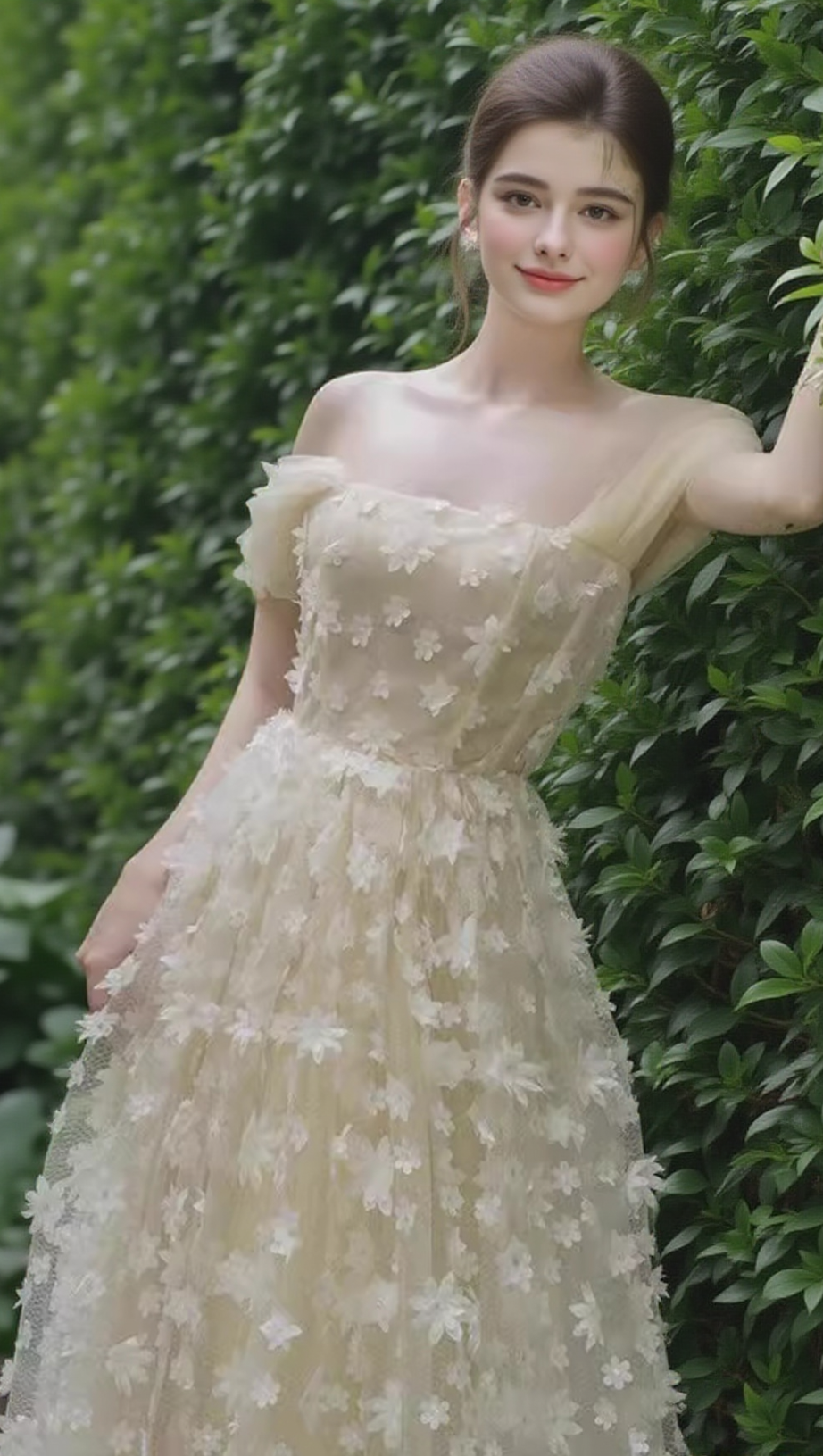 Trägerloses Maxikleid Sabrina mit Blumenverzierung in Beige