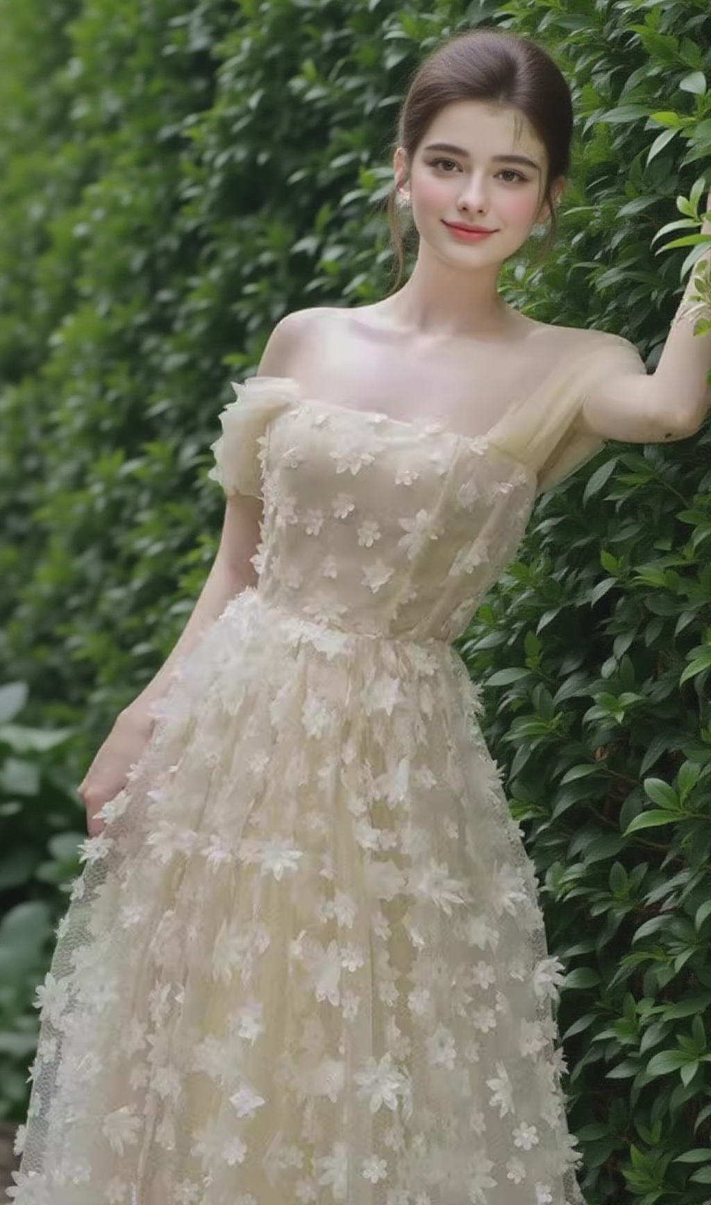 Trägerloses Maxikleid Sabrina mit Blumenverzierung in Beige