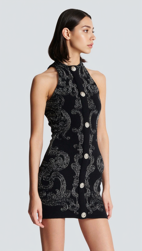 ÄRMELLOSES MINIKLEID MIT PAISLEY-STRICK