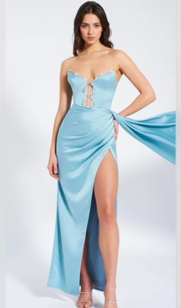 AIIZIE BLUE SATIN CRYSTAL EMBELLISHED HIGH SLIT GOWN - product image
