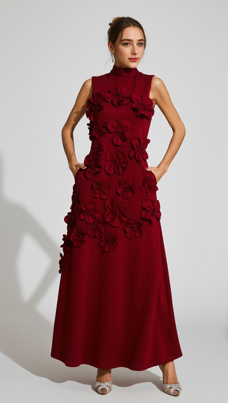 ANNONA RED FLOWER EMBELLISHED MAXI DRESS