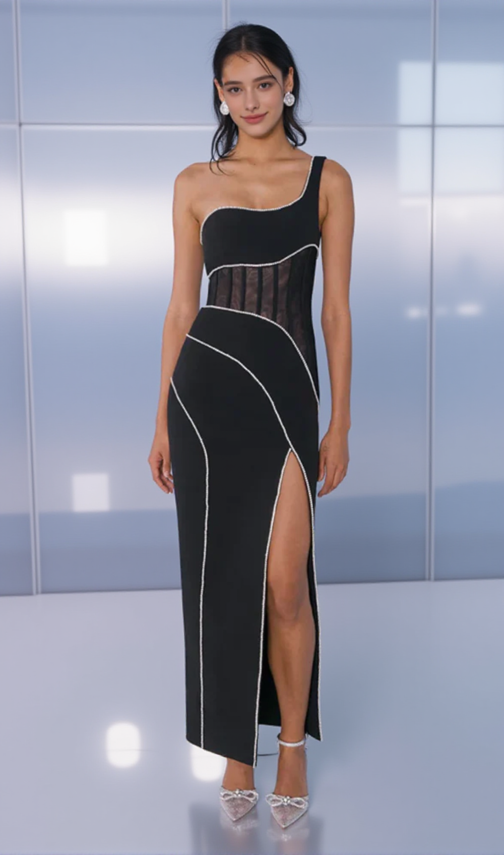 ABITO LUNGO CON FASCE E SPACCO IN RETE CON MONOSPALLA ZORAIDA DIAMANTE