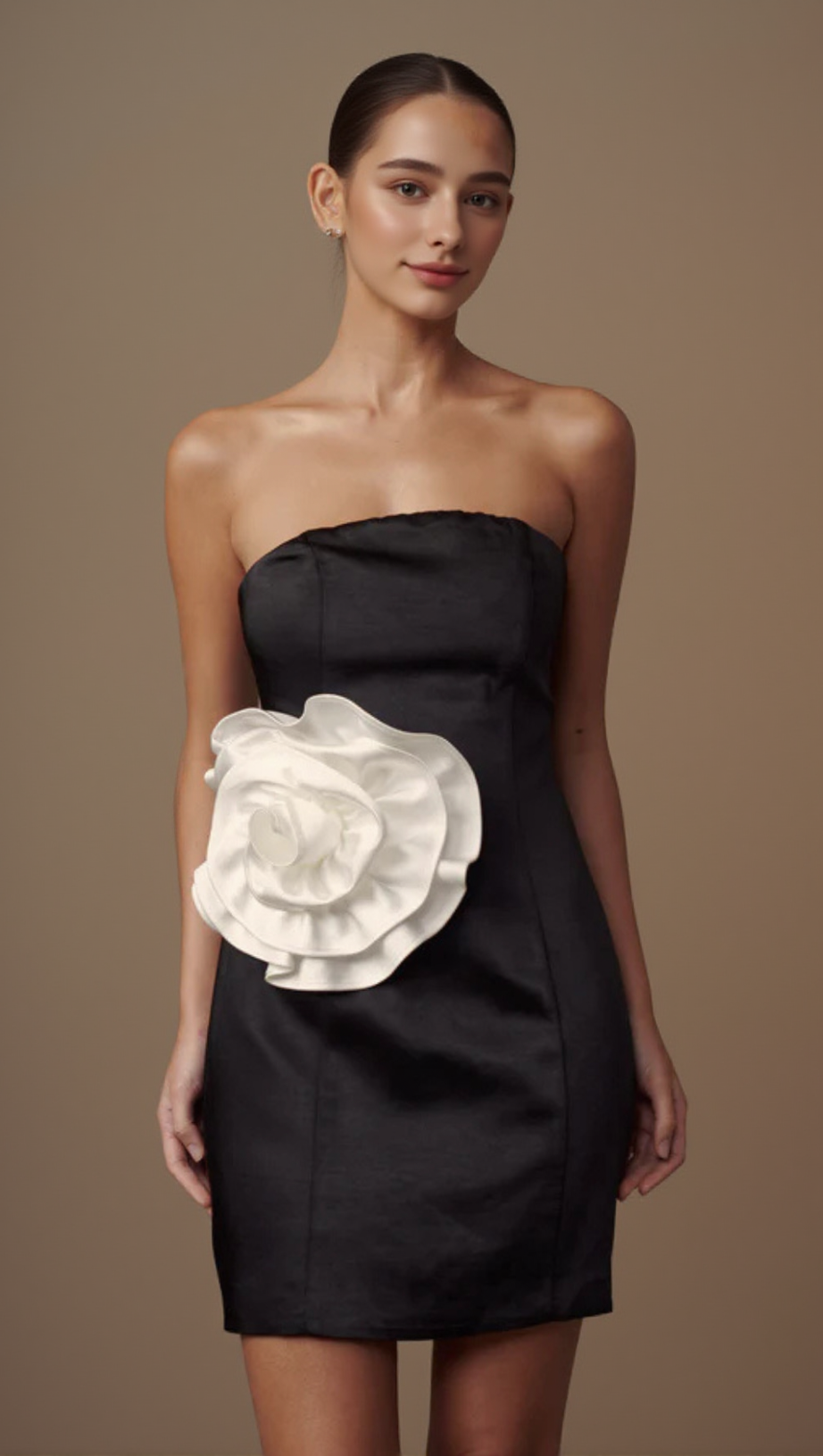 BERNADETTE STRAPLESS ROSE MINI DRESS - BLACK