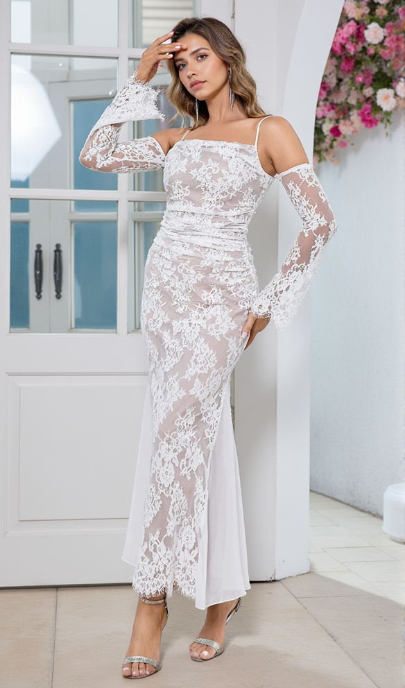 LONG SLEEVE DRAPED LACE MAXI DRESS IN WHITE