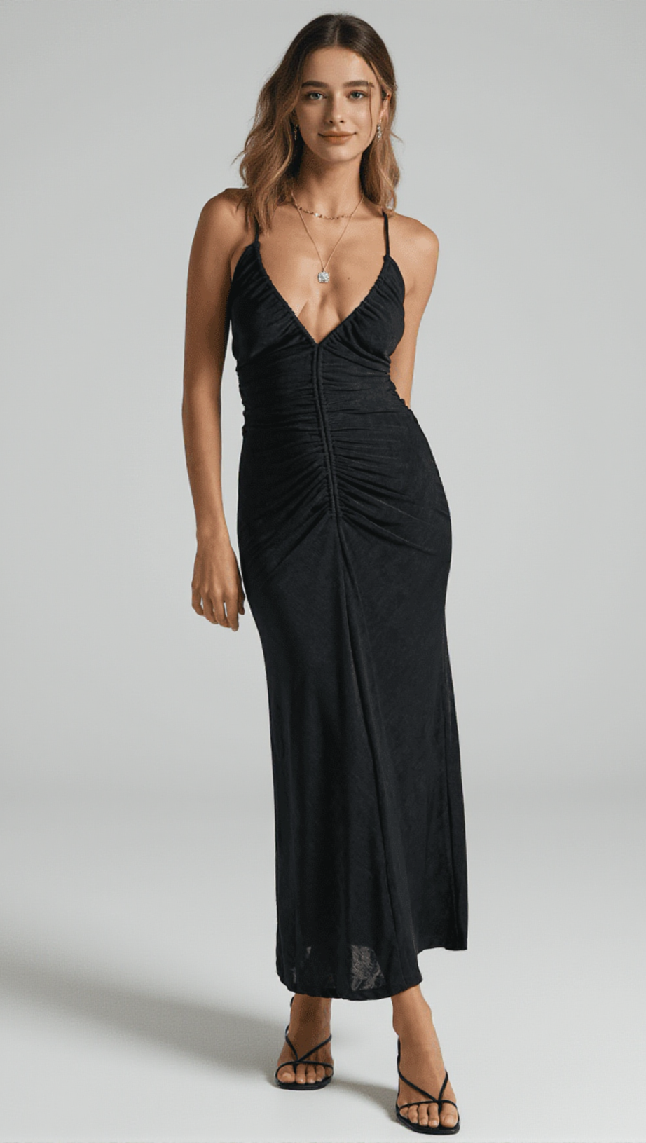 V-NECKLINE PLEATED BODYCON MAXI DRESS IN BLACK