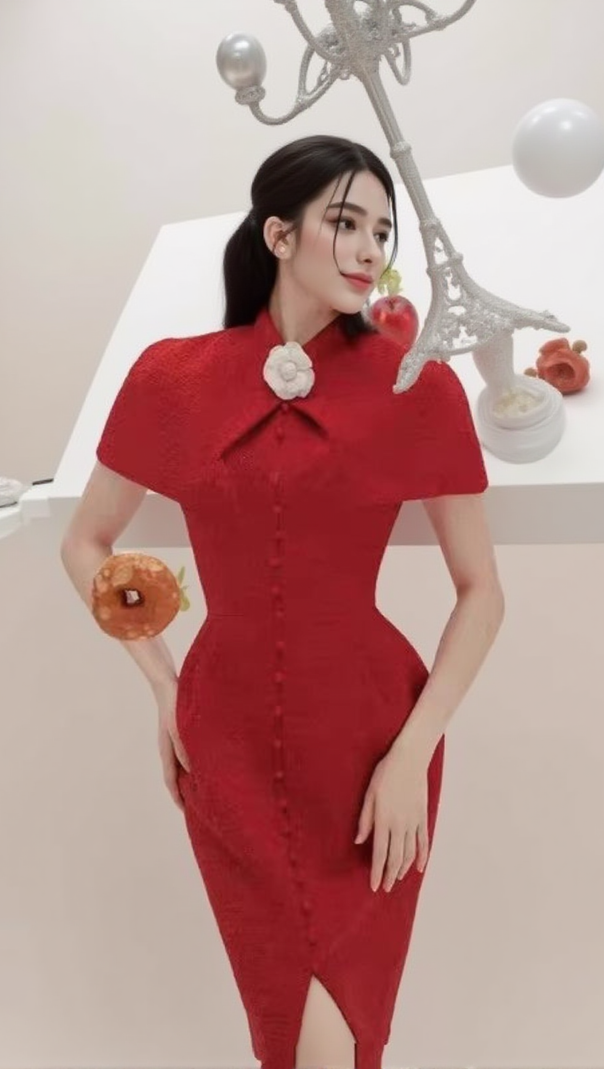 AIIZIE THERA HIGH COLLAR SINGLE BREASTED MIDI DRESS IN RED - product image