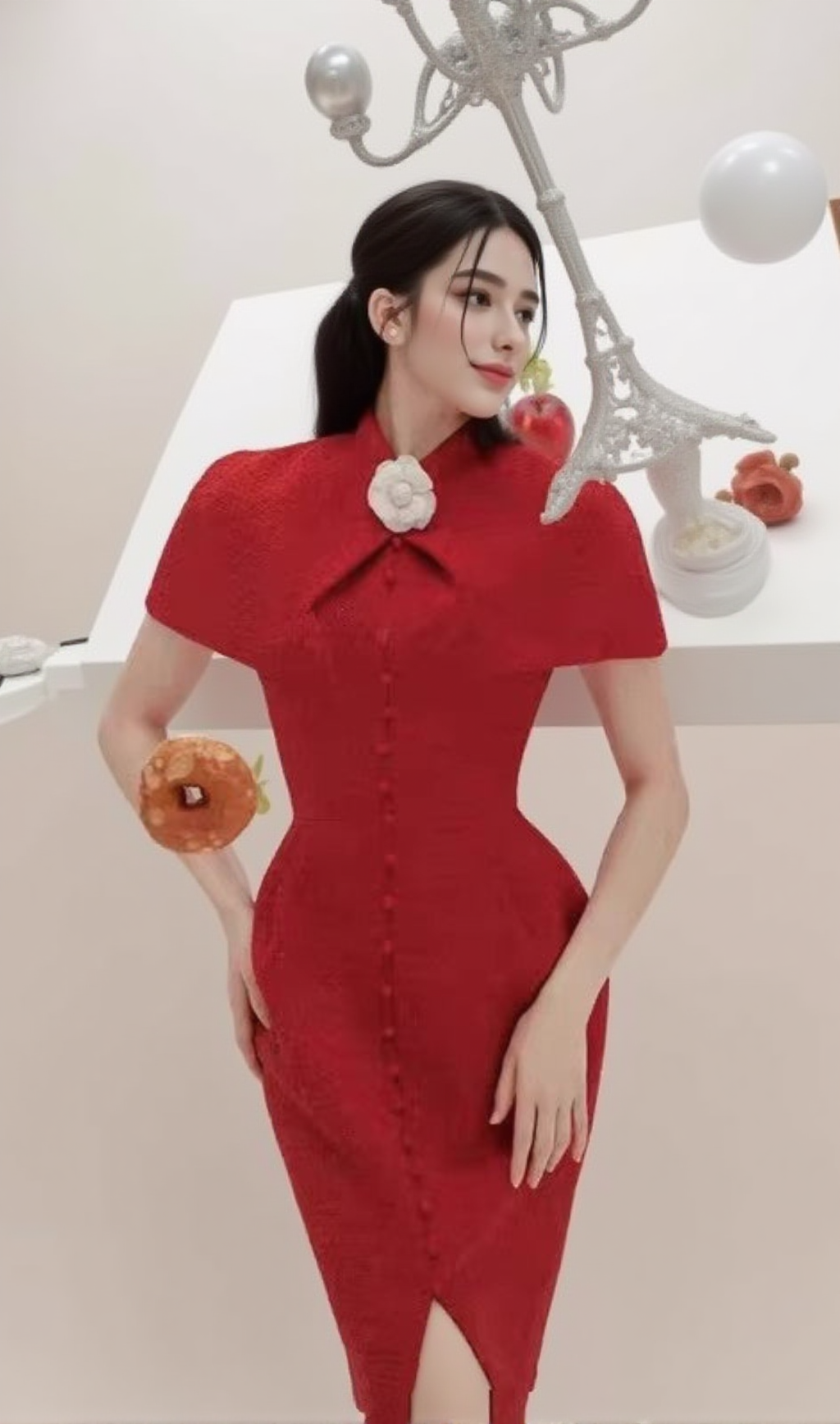 THERA – Einreihiges Midikleid mit hohem Kragen in Rot