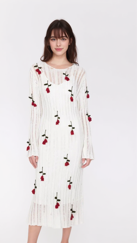 HILARIA ROSE HANDCRAFTED KNIT MIDI DRESS IN  WHITE