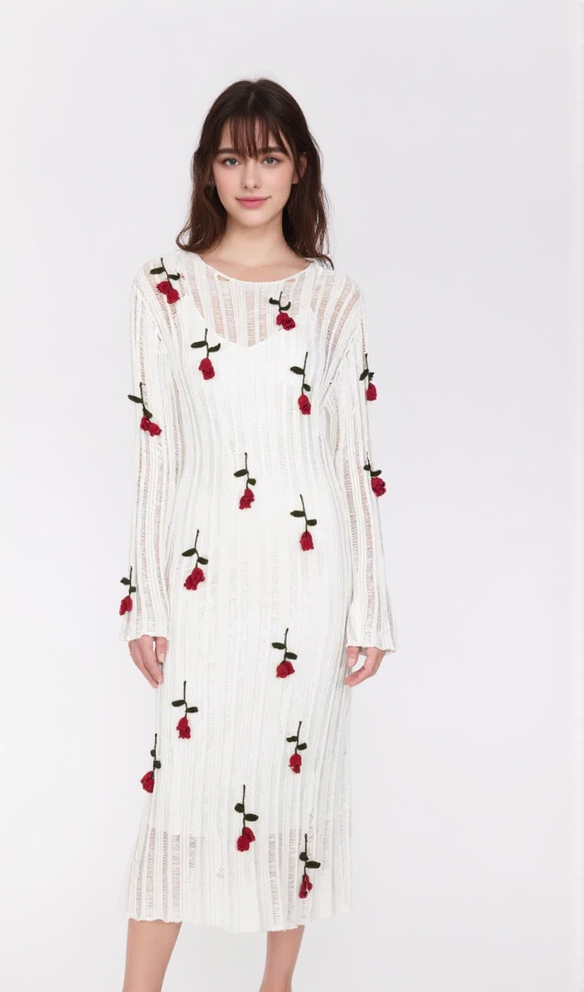 AIIZIE HILARIA ROSE HANDCRAFTED KNIT MIDI DRESS IN WHITE - product image
