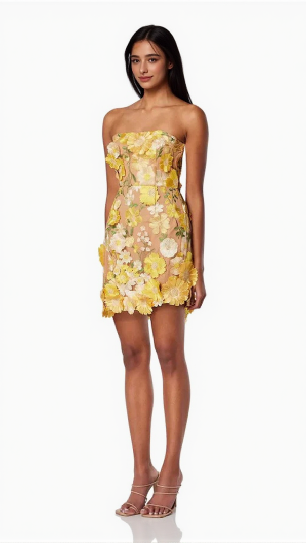 AIIZIE STRAPLESS FLORAL MINI DRESS IN YELLOW - product image