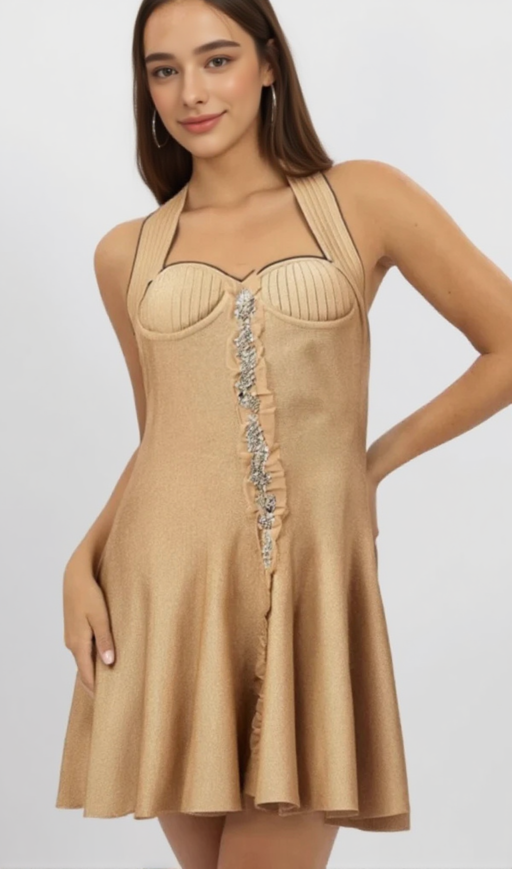 GABRIELLE KHAKI EMBELLISHED KNITTED MINI DRESS