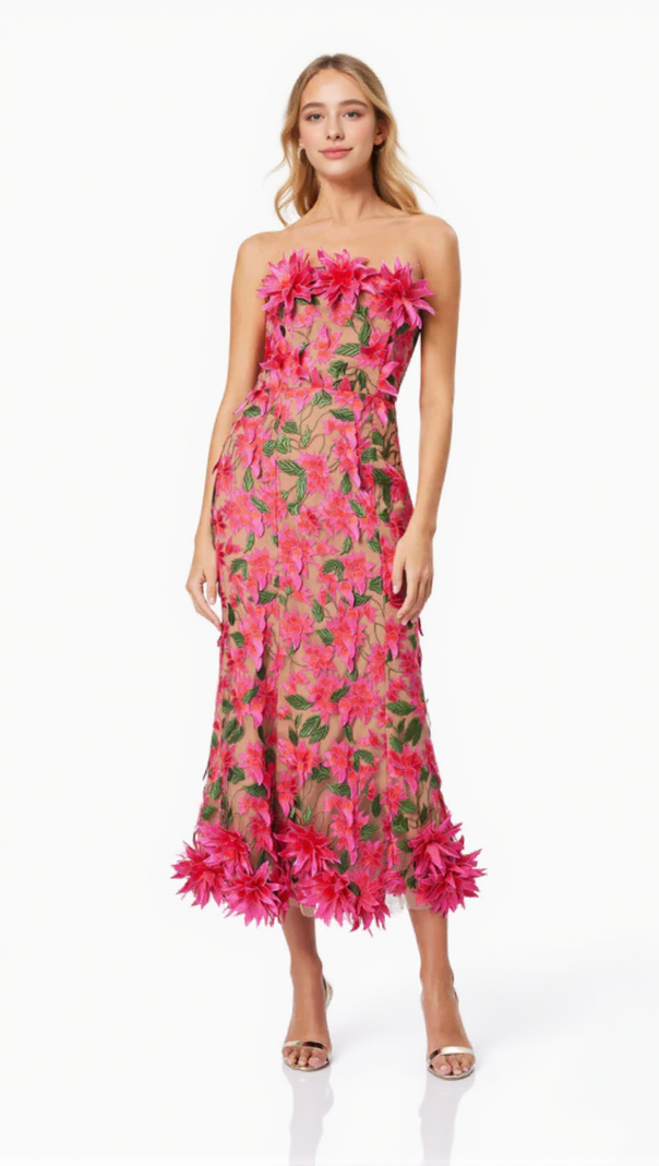 AIIZIE 3D FLOWER EMBROIDERY STRAPLESS MIDI DRESS IN ROSE RED - product image