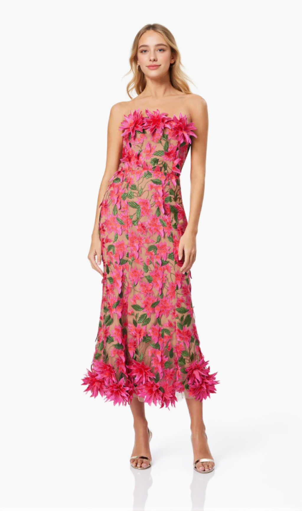 3D FLOWER EMBROIDERY STRAPLESS MIDI DRESS IN ROSE RED