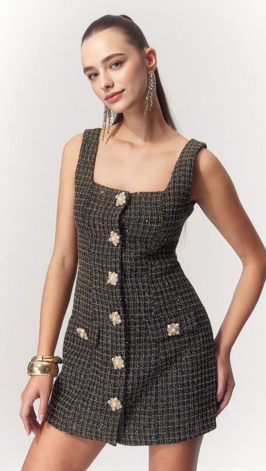URSULA TWEED SLEEVELESS MINI DRESS IN BLACK