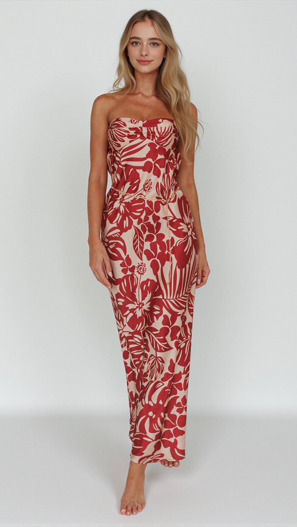 AIIZIE KONA COWL BACK MIDI DRESS FLORAL FLAME - product image