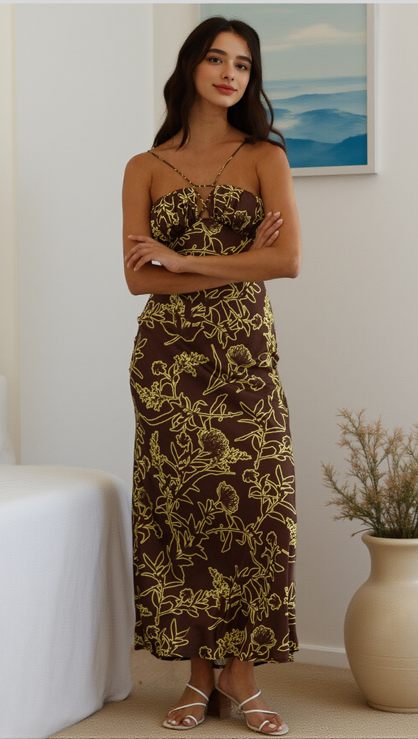 AIIZIE PRINT SATIN MAXI DRESS IN BROWN - product image