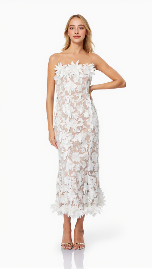 AIIZIE 3D FLOWER EMBROIDERY STRAPLESS MIDI DRESS IN BEIGE - product image