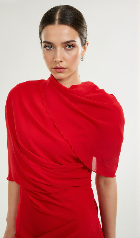 CLARABELLE RUCHED DRAPED MINI DRESS IN RED