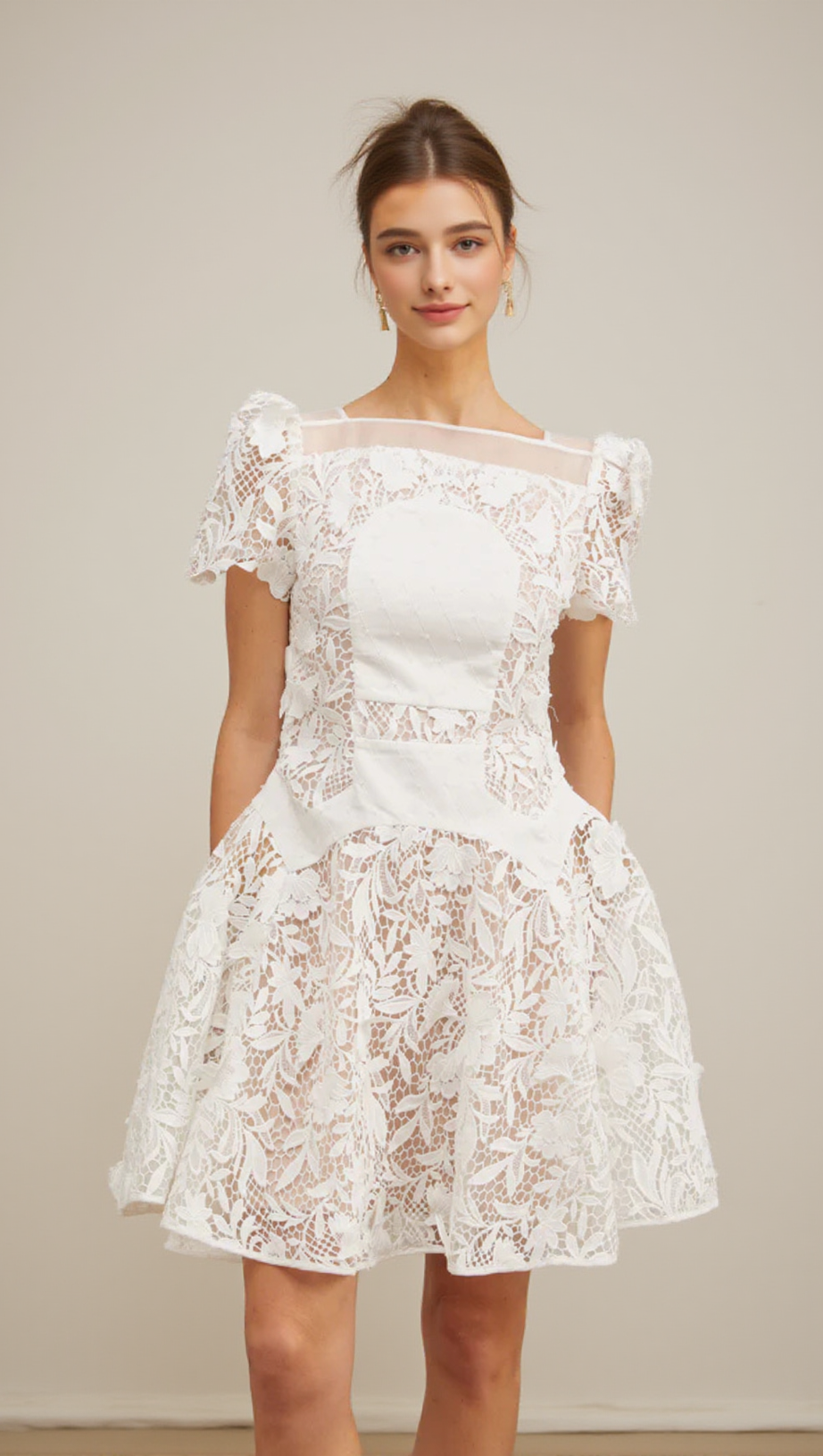 ROSE SLEEVE LACE HOLLOW MINI DRESS IN WHITE