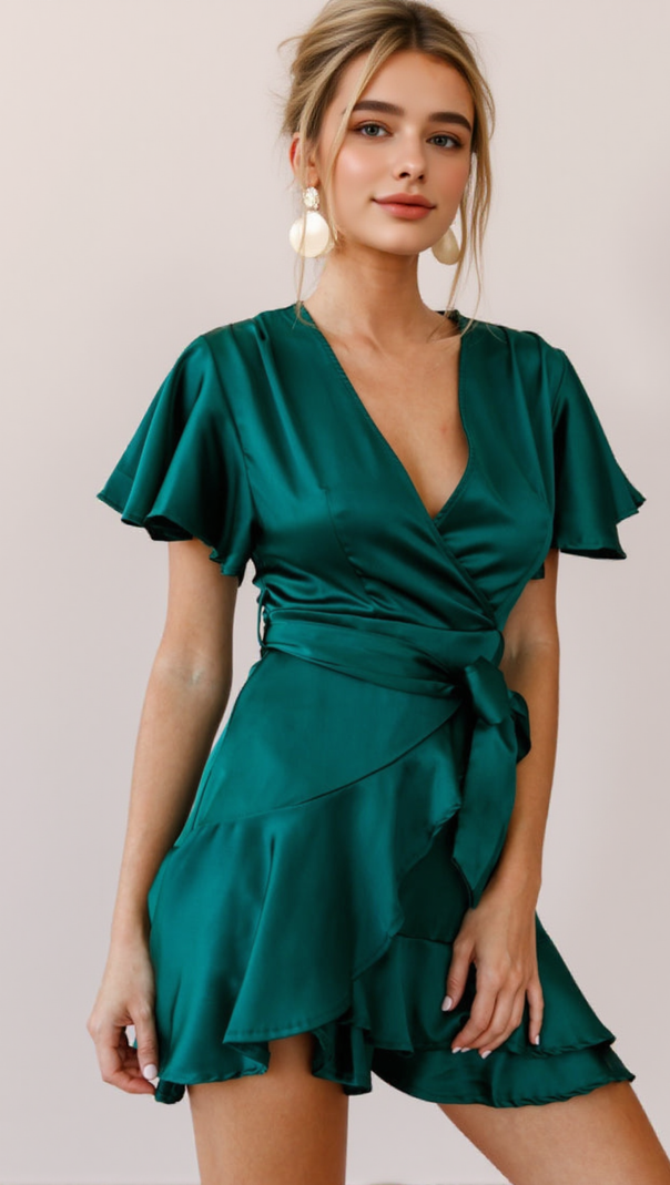 AIIZIE CAMI ANGEL SLEEVE FAUX WRAP DRESS JADE - product image