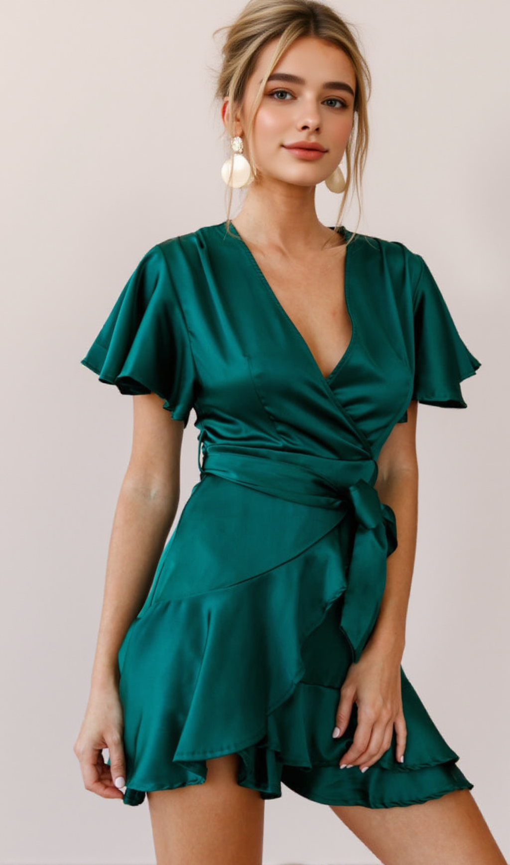 CAMI ANGEL SLEEVE FAUX WRAP DRESS JADE