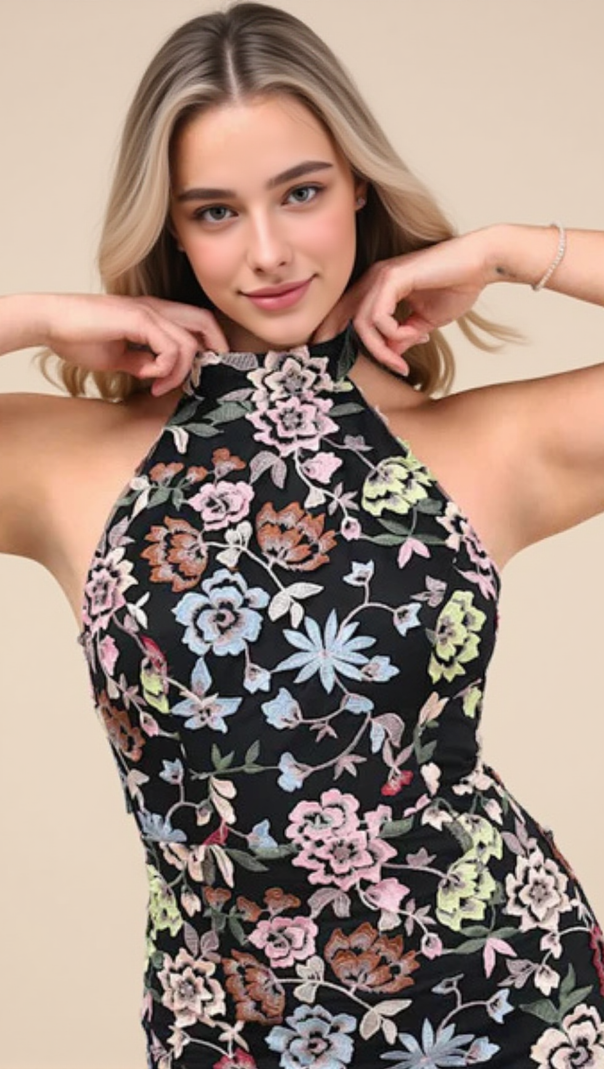 AIIZIE 3D FLORAL EMBROIDERED HALTER MAXI DRESS IN BLACK - product image