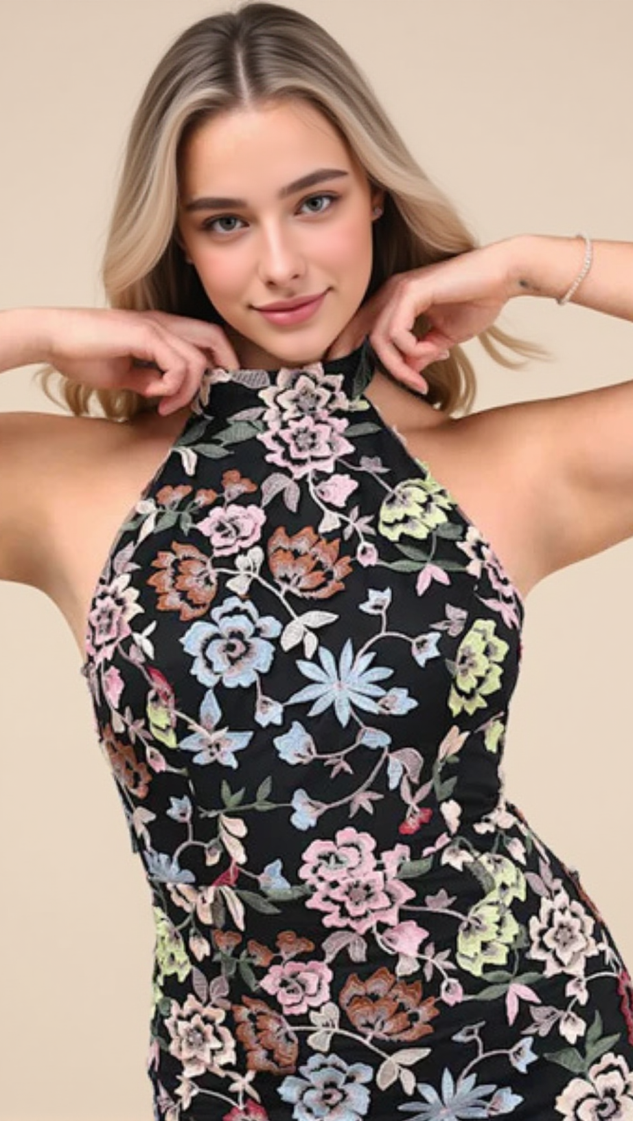 3D FLORAL EMBROIDERED HALTER MAXI DRESS IN BLACK