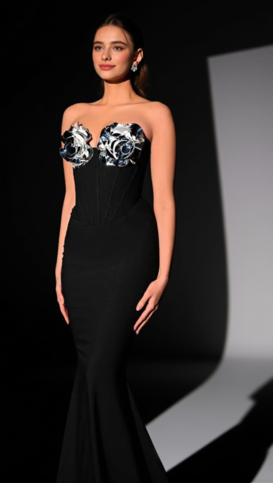 EUDORA 3D FLOWER OFF-SHOULDER MAXI DRESS IN BLACK