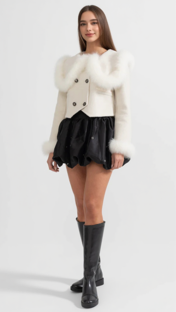 AIIZIE DOUBLE BREASTED CROPPED JACKET WITH FUR COLLAR EMBELLISHMENT - WHITE - product image