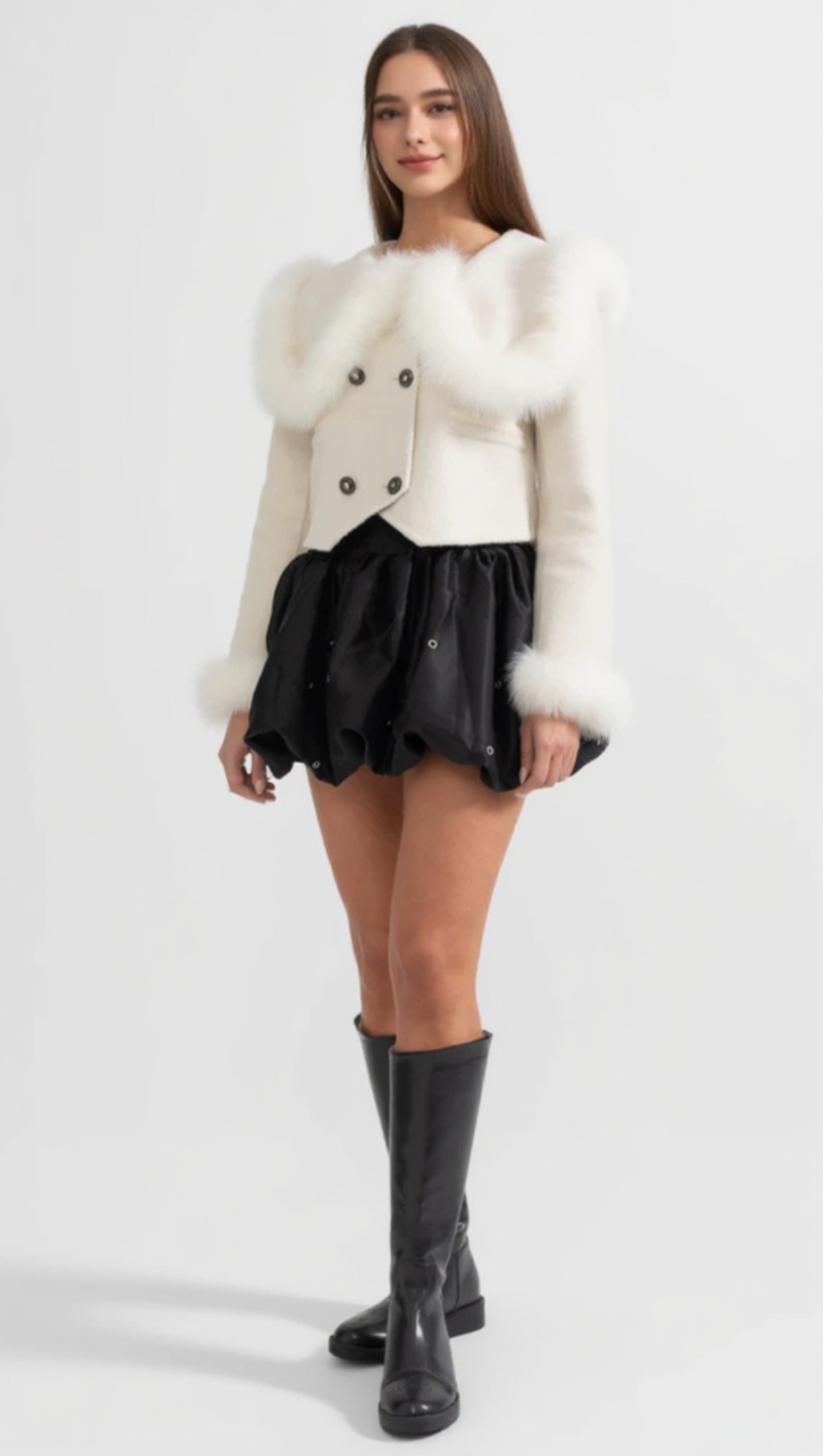 DOUBLE BREASTED CROPPED JACKET WITH FUR COLLAR EMBELLISHMENT - WHITE