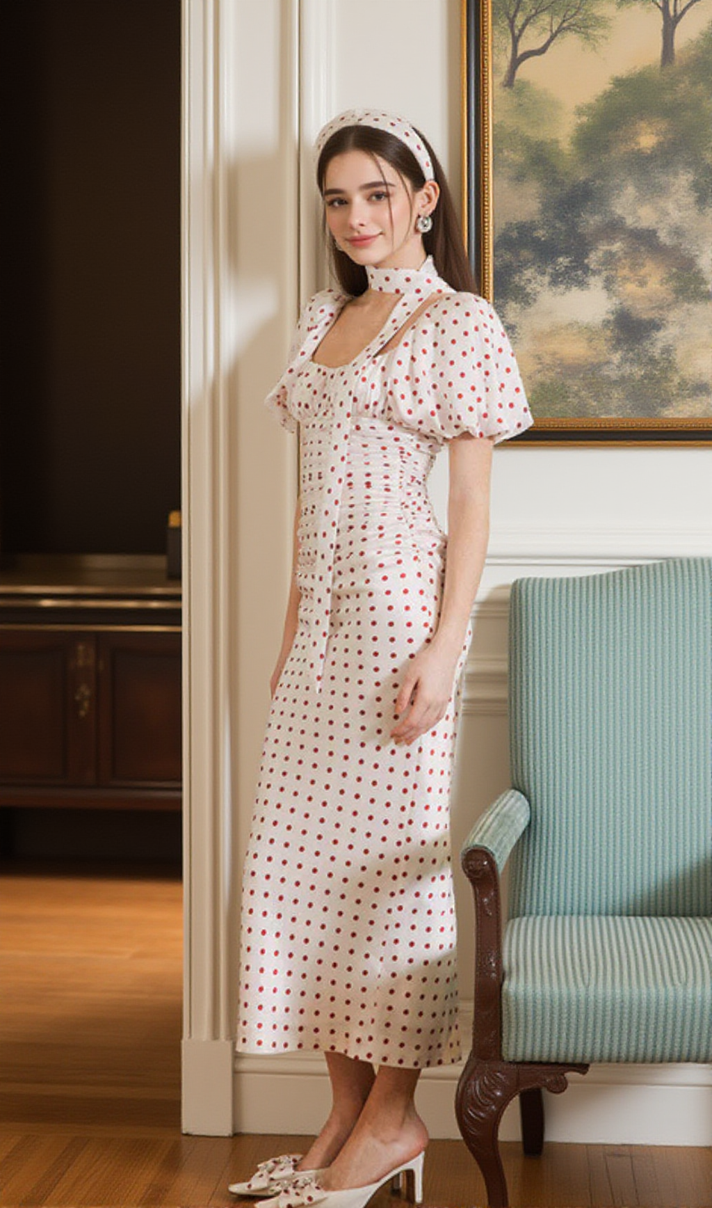 Rotes Midikleid mit Puffärmeln und Punkten