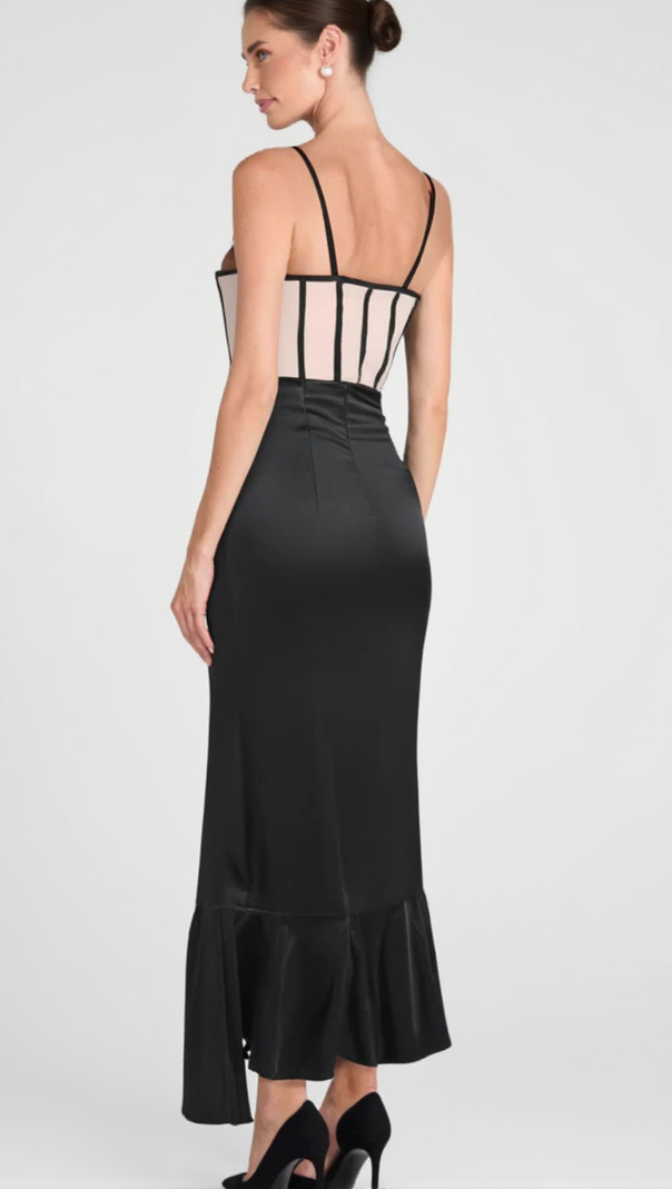 AIIZIE BEULAH BLACK SATIN CORSET SEQUIN WING CUP DRESS - product image