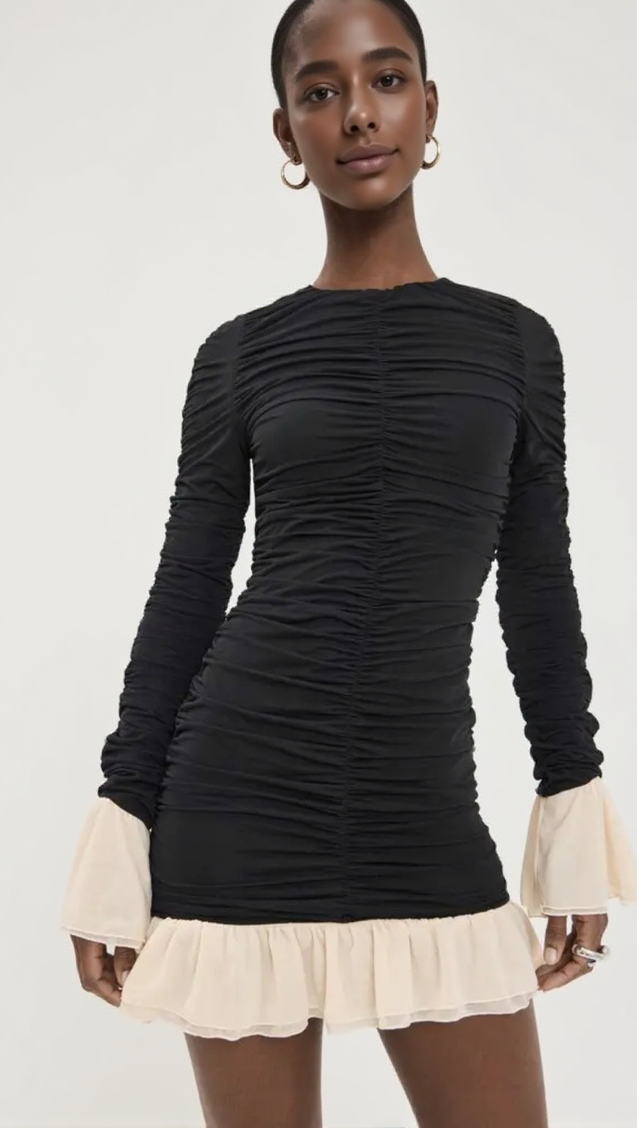 RUCHED LONG-SLEEVE MINI DRESS IN BLACK