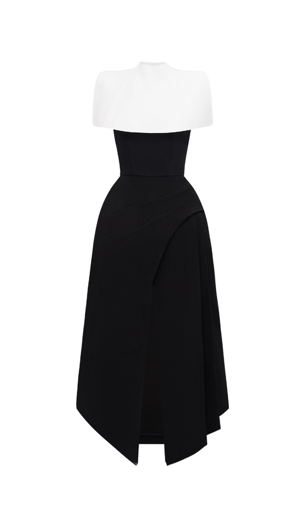 AIIZIE AUDREY SLIT CAPE MIDI DRESS IN BLACK - product image