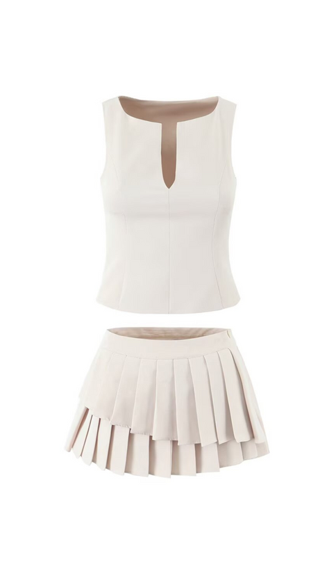 ELVIRA SLEEVELESS RUFFLE SKIRT SET IN BEIGE