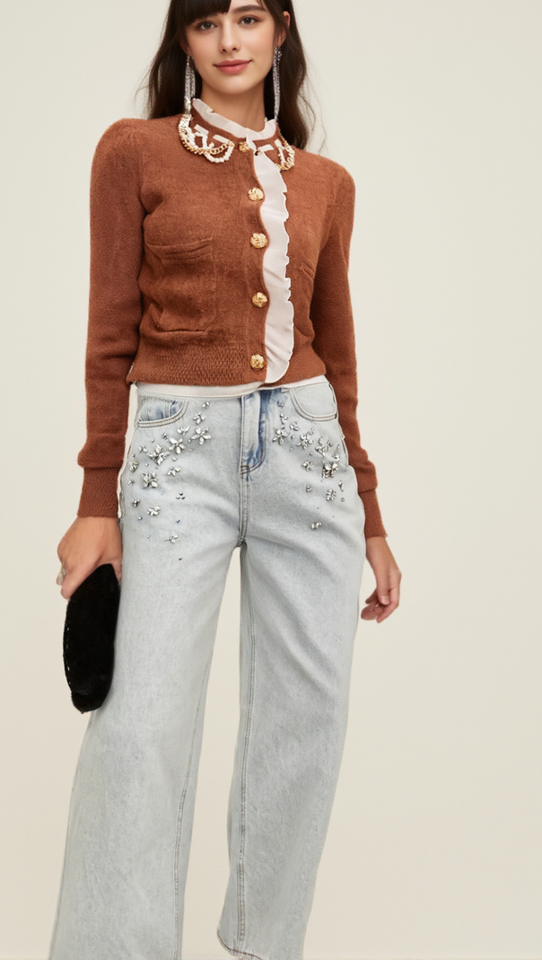 AIIZIE ELISABETTA BROWN EMBELLISHED RUFFLED KNIT CARDIGAN - product image