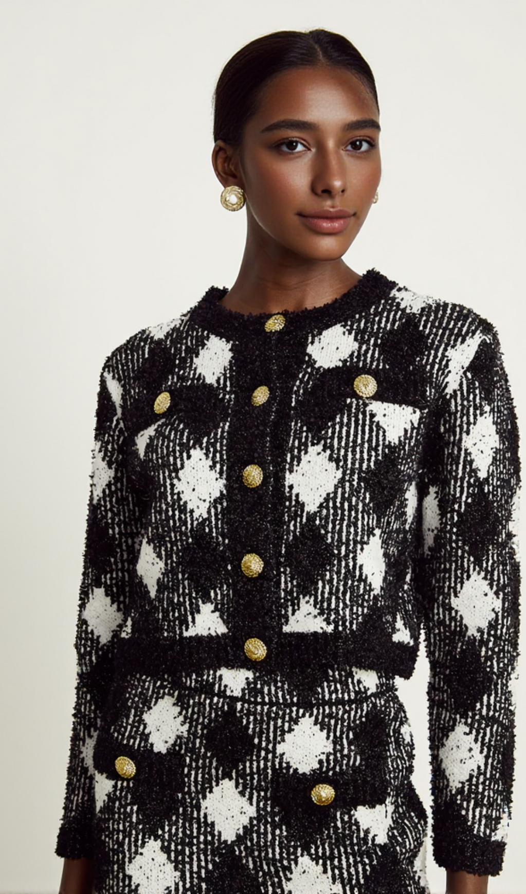 Schwarz-weiße Gingham-Tweed-Strickjacke