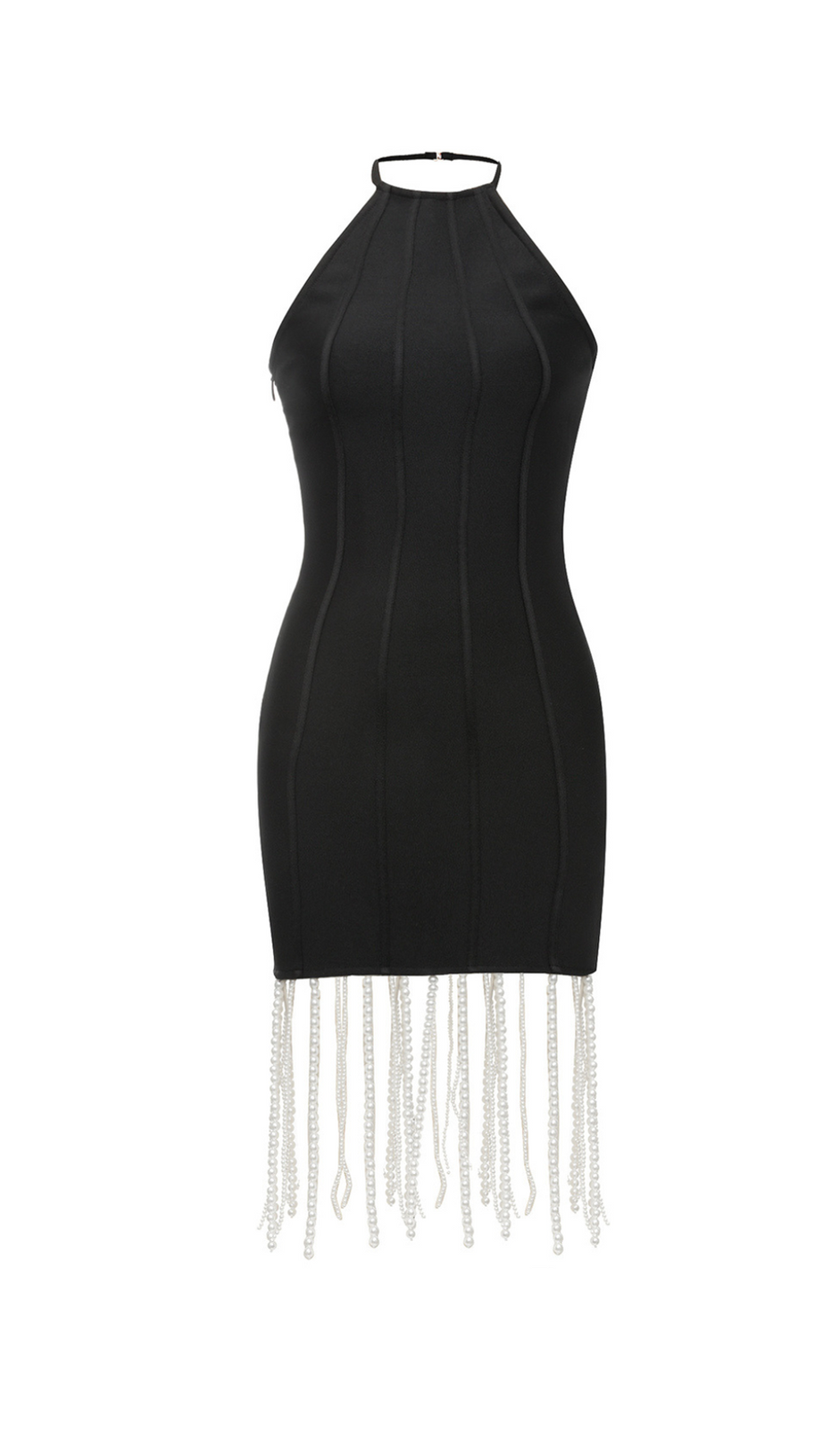 PEARL DRAPED EMBELLISHED BODYCON MINI DRESS IN BLACK